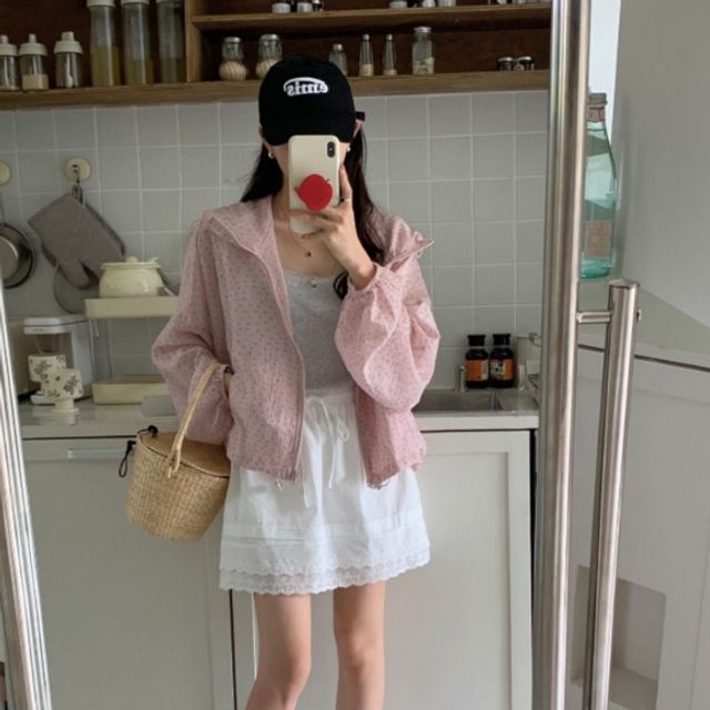 여성 여행 나들이 바람막이 시스루 플라워 후드 점퍼