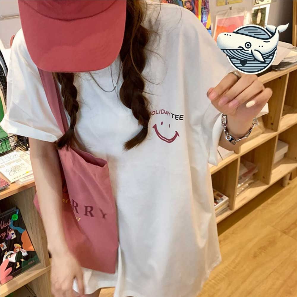 스마일 프린트 오버핏 캐주얼 티셔츠 라운드