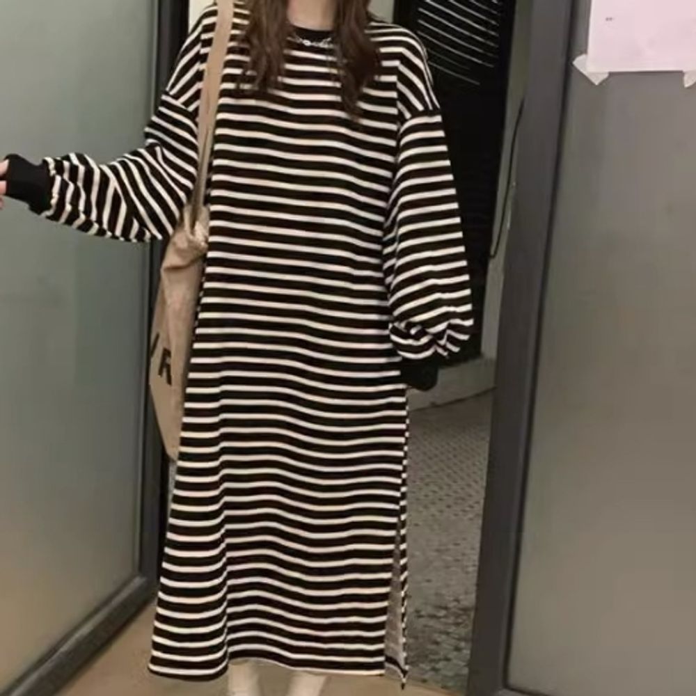 기모 블랙 스트라이프 여자원피스 원피스 오버핏