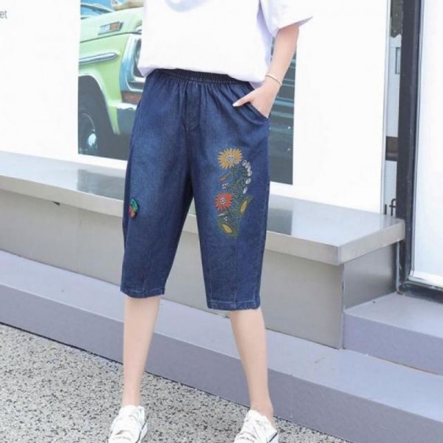 밴딩 7부 자수 기본 청바지 데이 여자 여름 데님