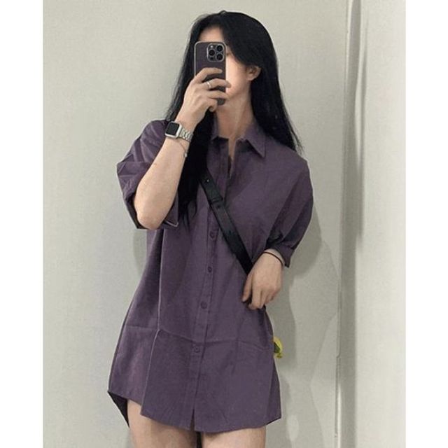 오버핏 카라 반팔 무지 남방 셔츠 2color 남녀공용 와