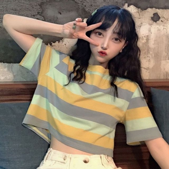 스트라이프 반팔티 크롭 기본 오버핏 데이 여름 반팔
