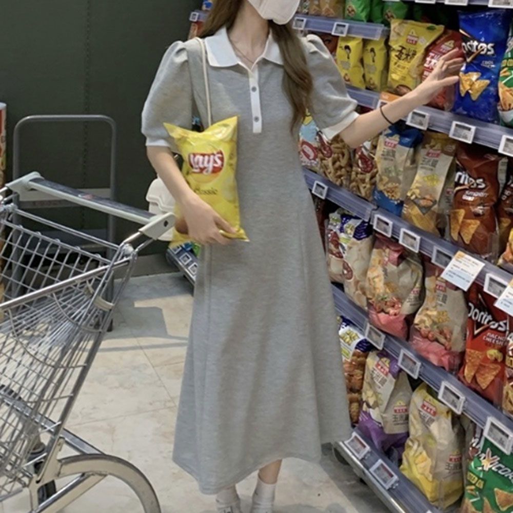 카라 배색 반팔 롱원피스 셔링 퍼프소매 동네 마실룩
