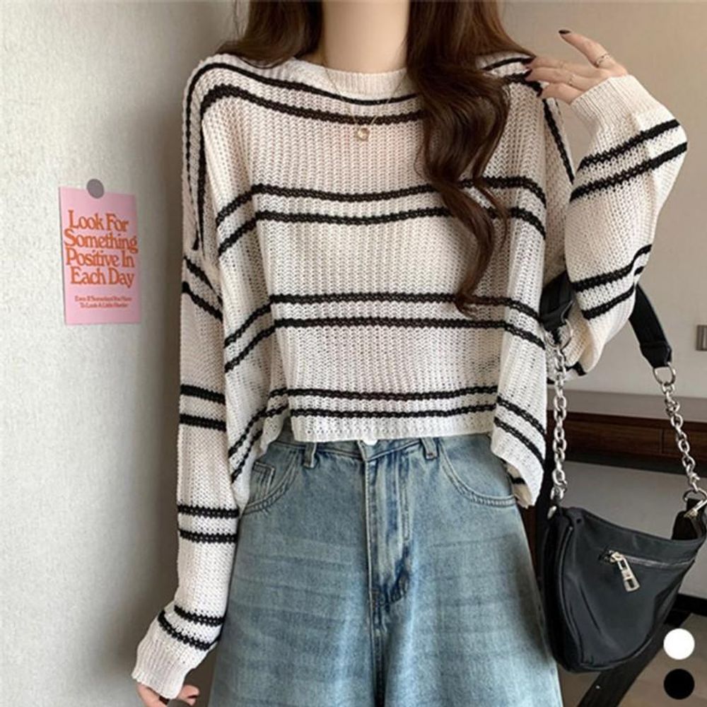 여름 블랙 그물 긴팔 루즈핏 스트라이프 시스루 크롭