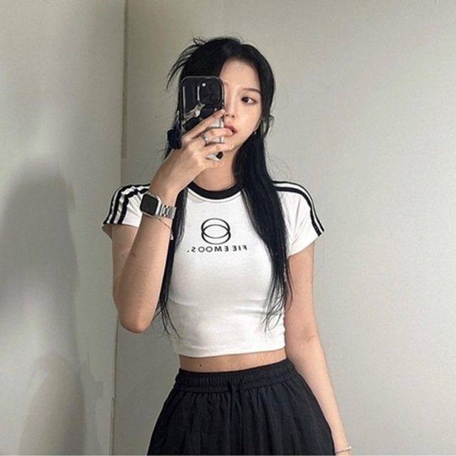 스포티 크롭 트랙라인 기본 티 데이 반팔 티셔츠 Y2K