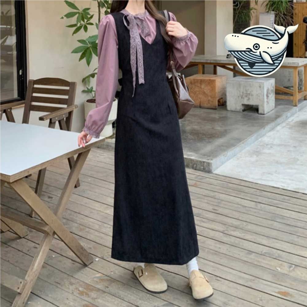 세련된 코듀로이 원피스 브이넥 허리끈