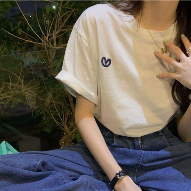 반팔 티셔츠 하트자수 기본