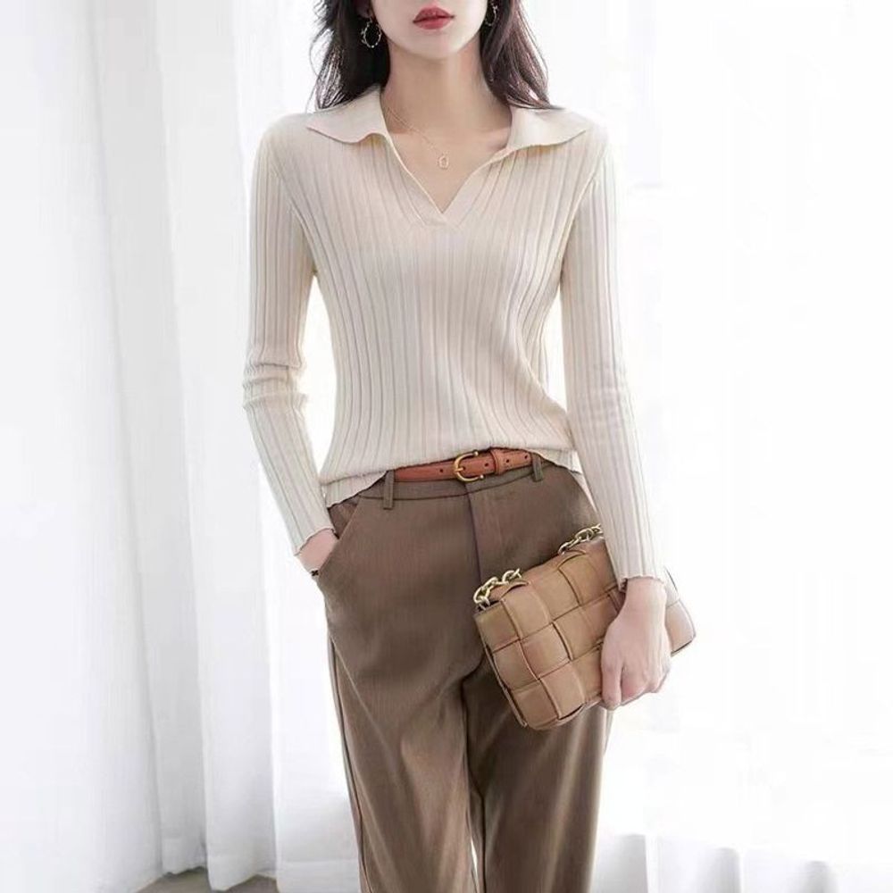긴팔 브이넥 브이넥 슬림핏 티셔츠 티셔츠 카라