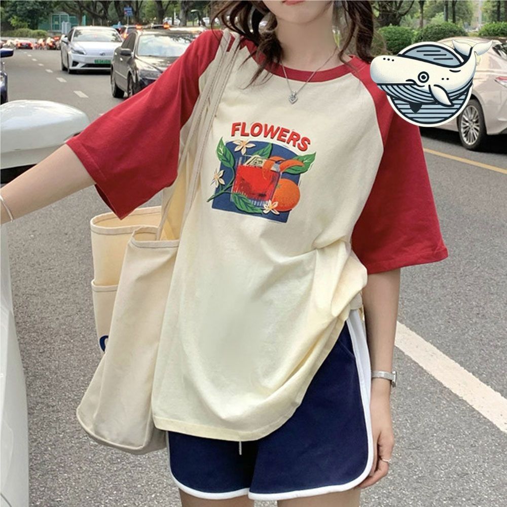 플라워 프린팅 여름 반팔티 캐주얼 라운드넥