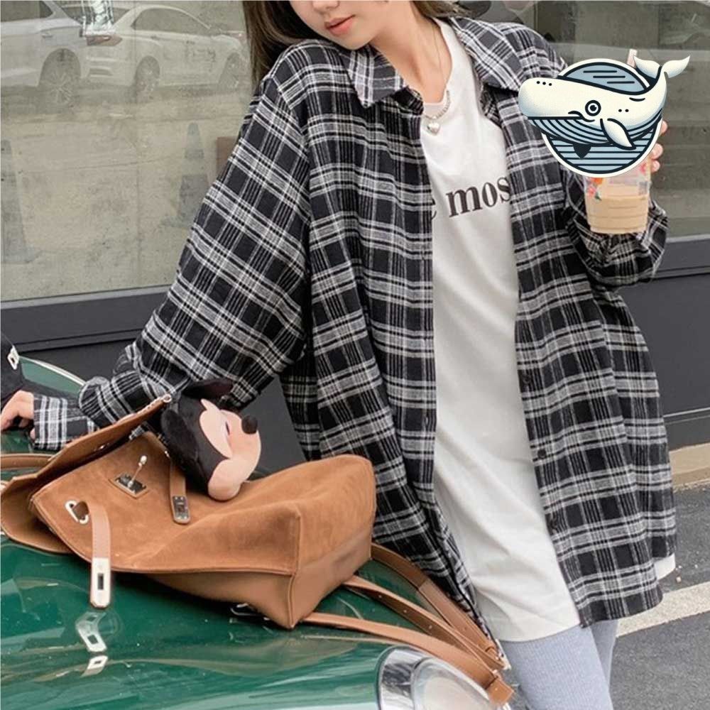 편안한 체크패턴 오버핏 블랙셔츠 여성용 데일리