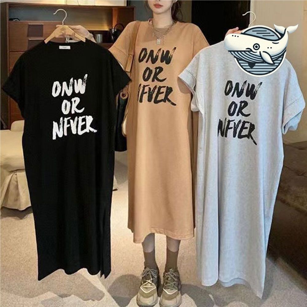 여름 캐주얼 레터링 반팔 롱드레스 옆트임