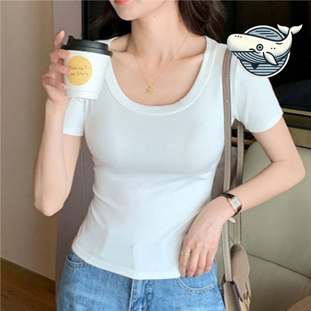 부드러운 면 원단 U넥 슬림핏 반팔 티셔츠