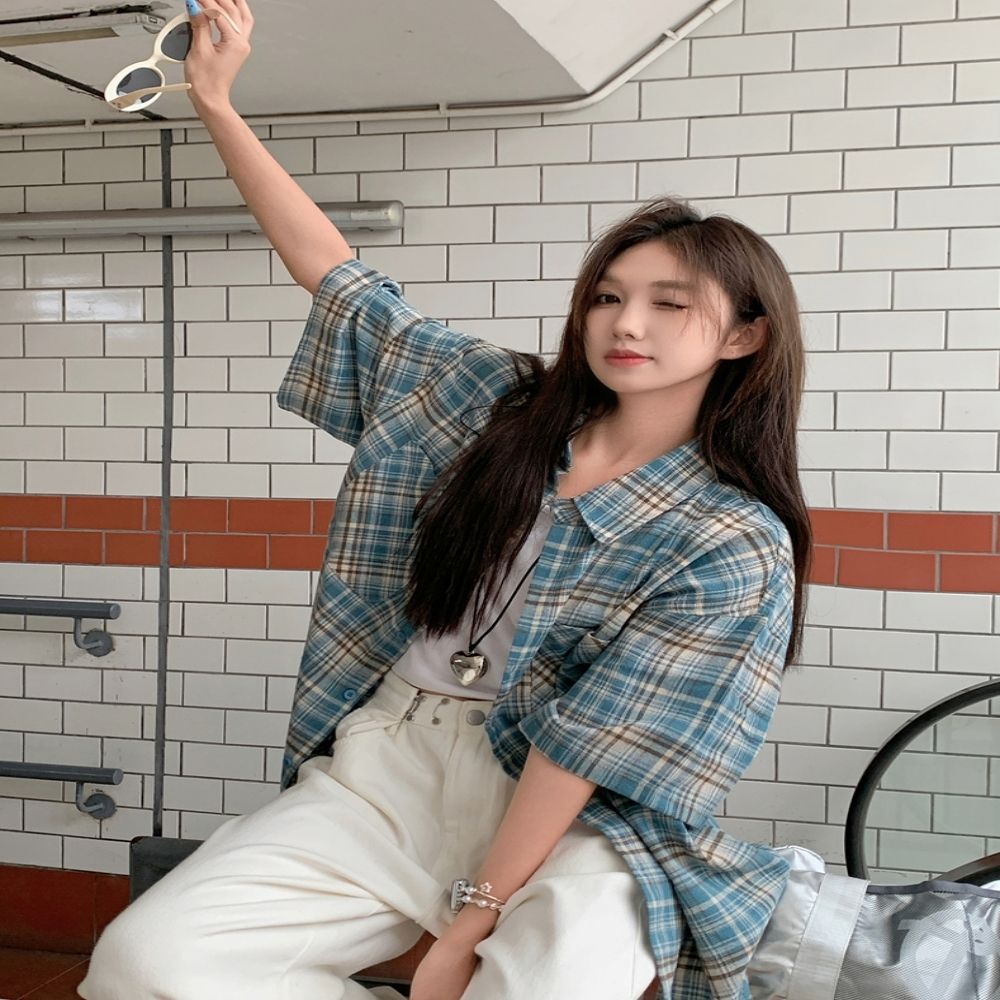 여성 2컬러 여름 반팔 체크셔츠 체크남방 루즈핏셔츠
