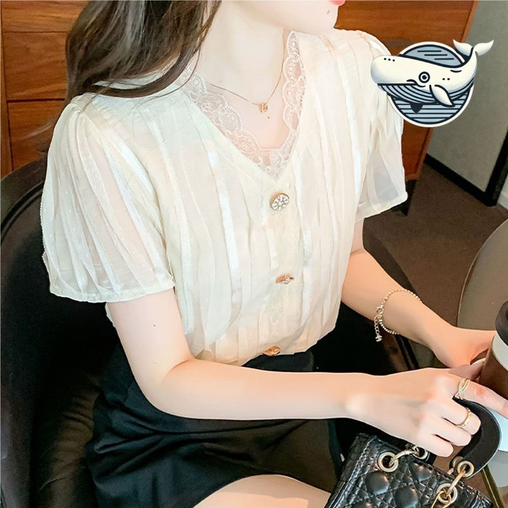 여름 레이스넥 블라우스 반팔 셔링 데일리