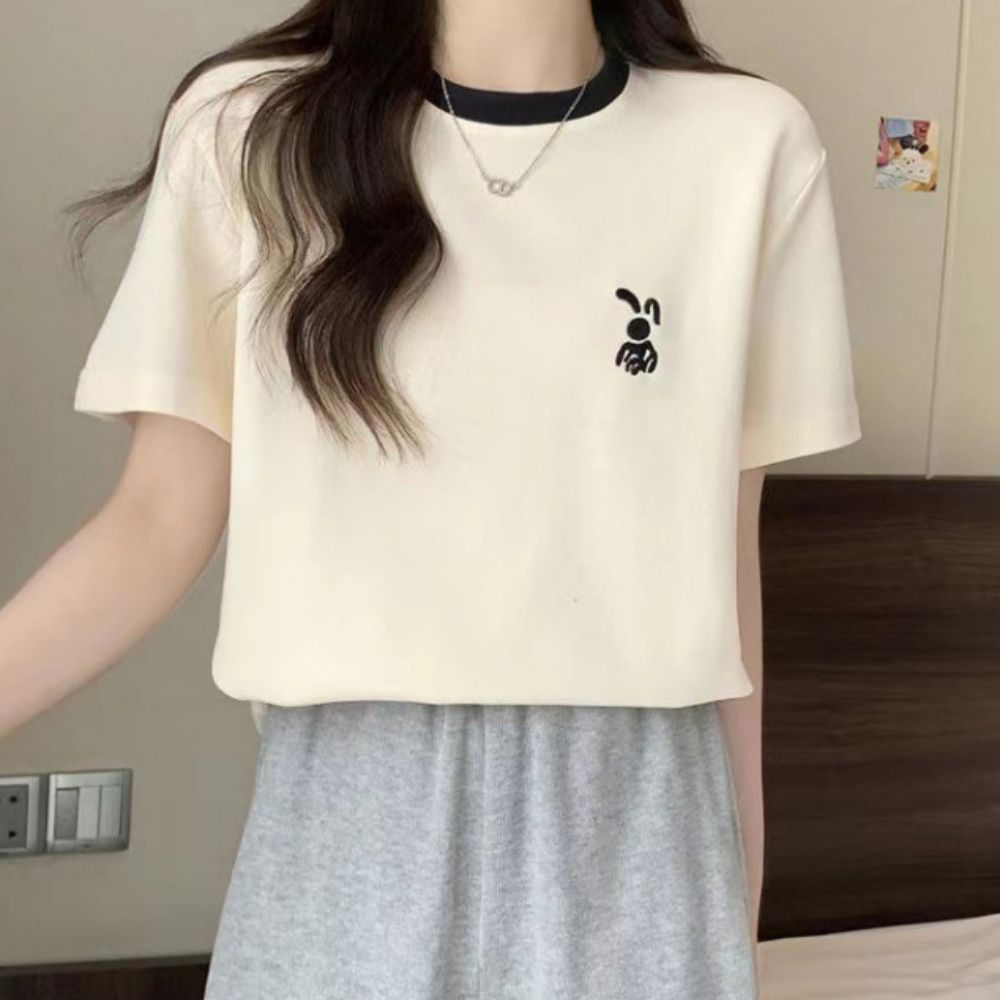 러블리 래빗 자수 여성 라운드넥 반팔 슬리브
