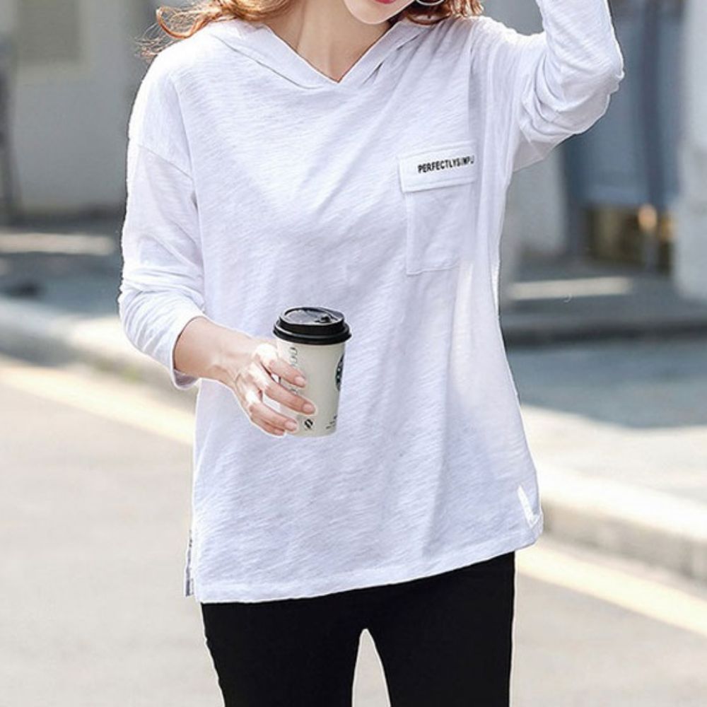 여성 가을 간절기 주머니 포인트 긴팔 후드 면 티셔츠