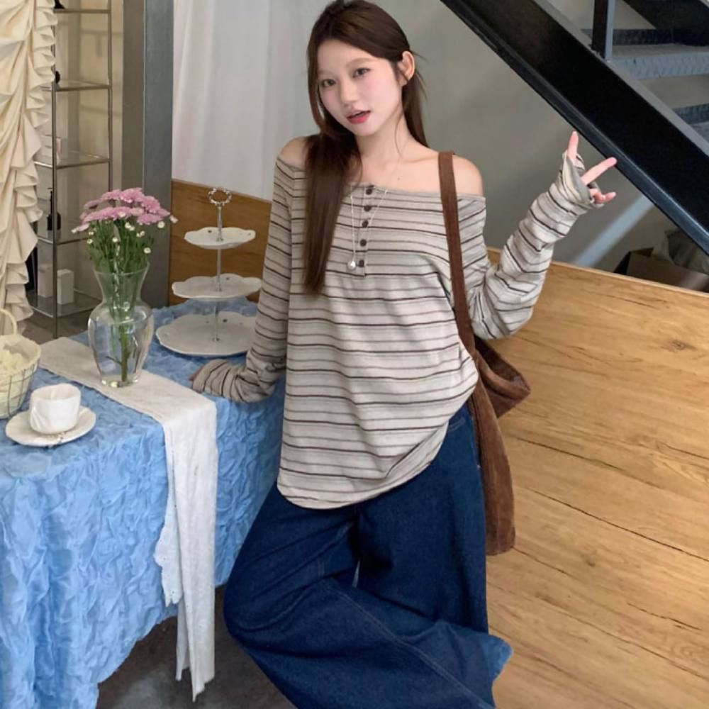 여성 루즈핏 스트라이프 캐주얼 오프숄더 긴팔티셔츠