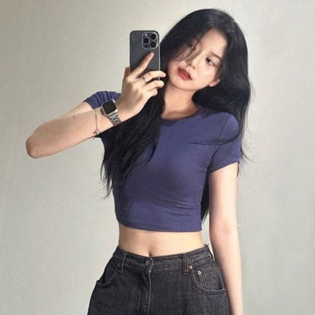 여성 반팔 쫀쫀 기본 크롭 데이 티셔츠 슬림 타이트