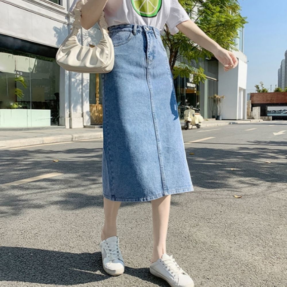 여성 슬림핏 러블리 트임 롱 데님스커트 청치마