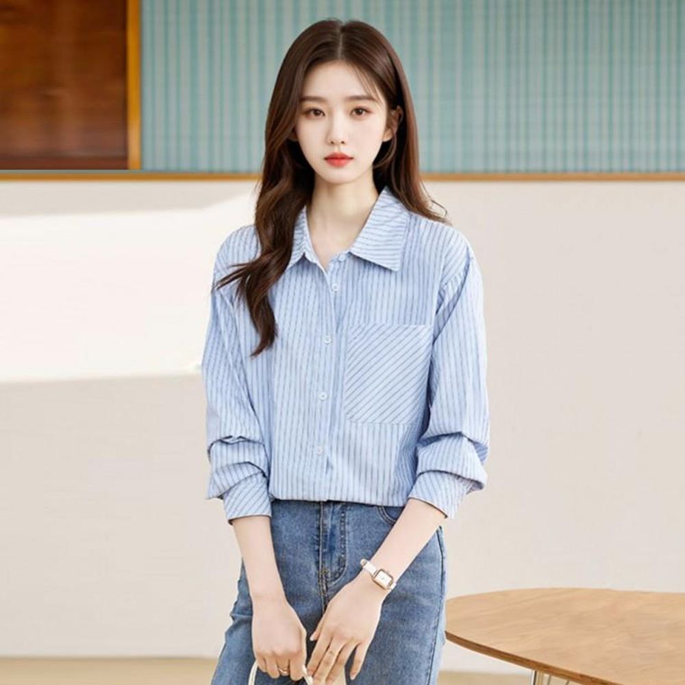 여성 간절기 빅카라 소라 스트라이프 블라우스 셔츠