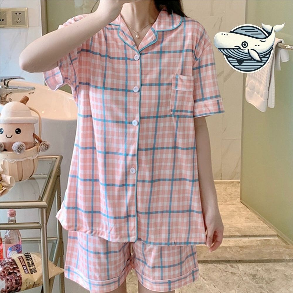 여성 여름 체크 패턴 잠옷 부드러운 면소재