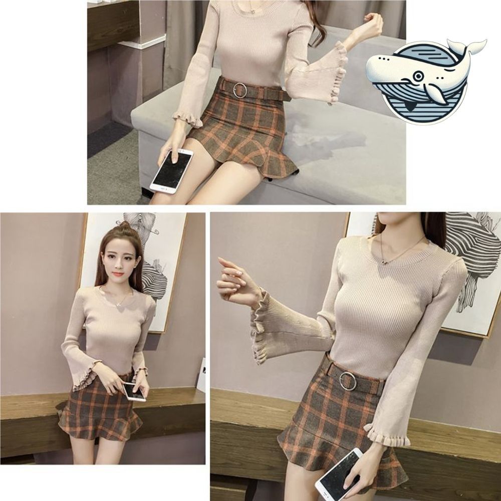 플라워 소매 여성 티셔츠 골지 라운드넥 데일리
