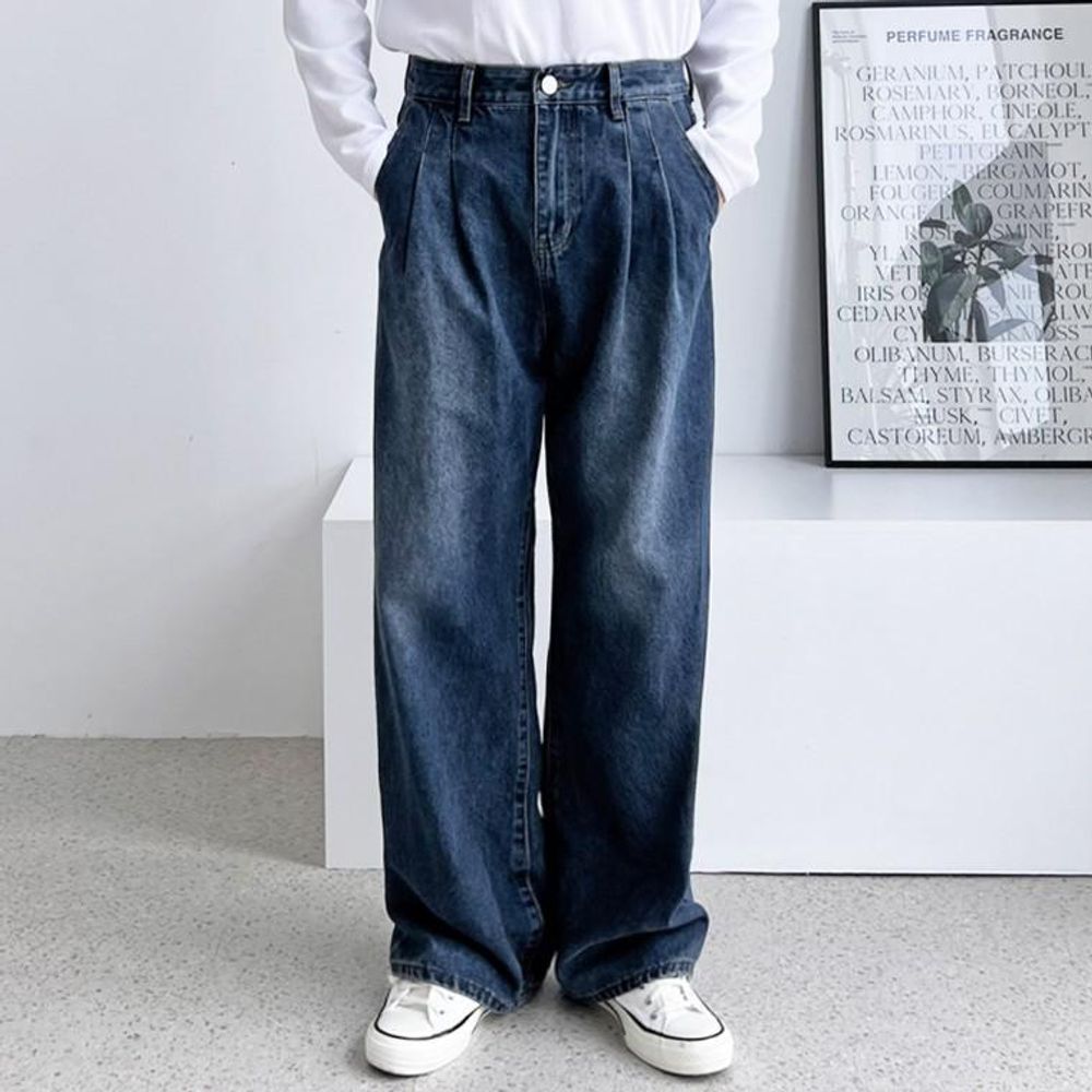 남성 데일리 캐주얼 투턱 와이드 중청 데님팬츠 바지