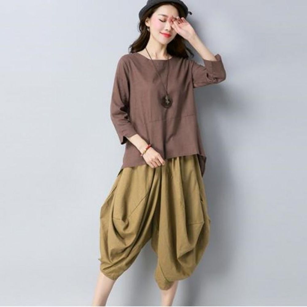 F6012 7012 면 마 블라우스 항아리 배기 할렘 통 바지