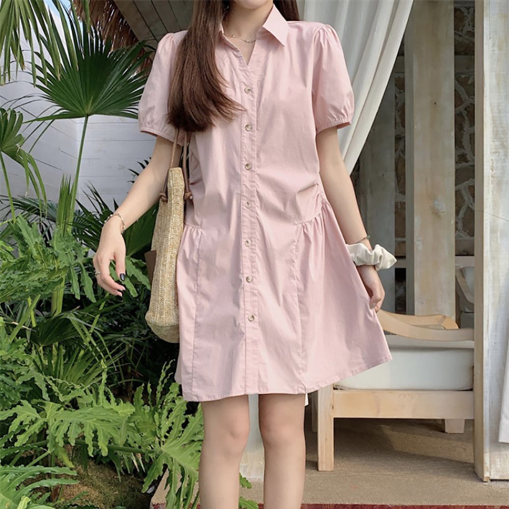 여름 데일리 퍼프소매 셔링 카라 원피스