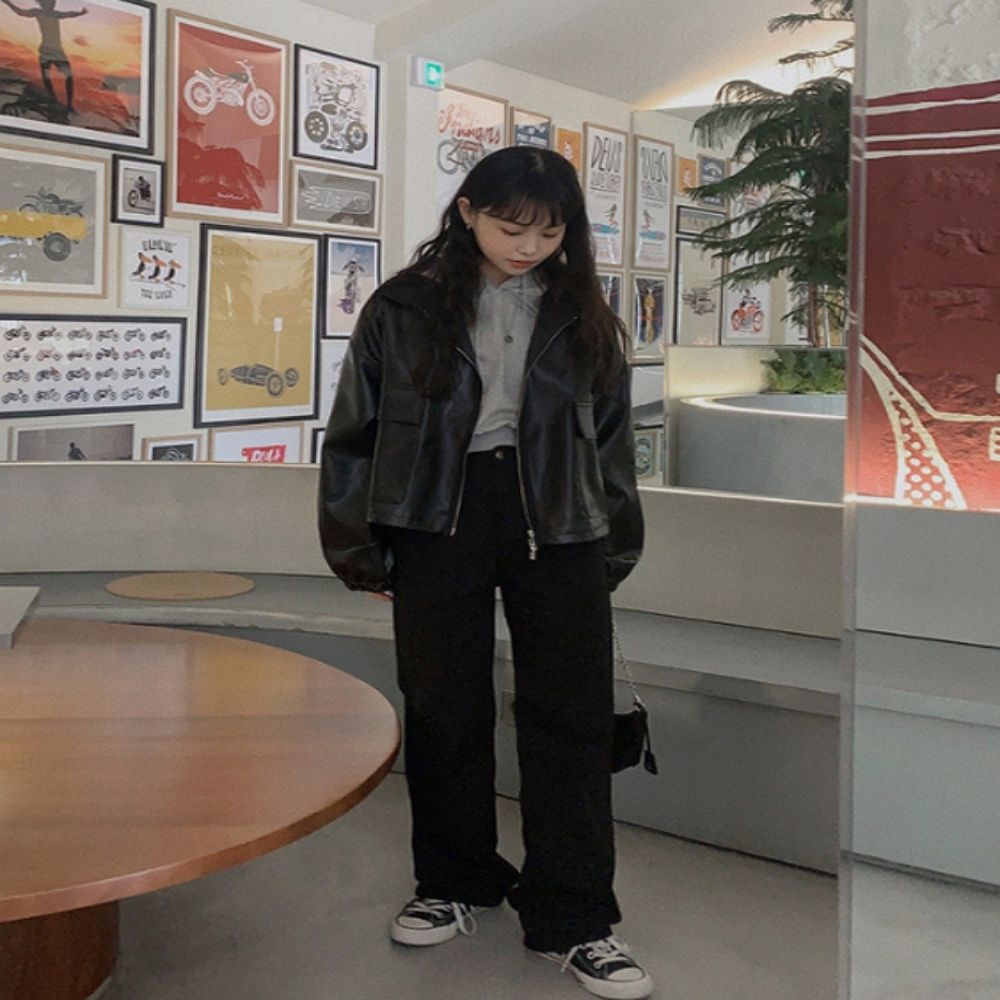 여자 데일리 투웨이 집업 가죽 레더 자켓 E66