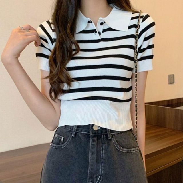 캐주얼 스트라이프 여성 기본 카라 데이 여름 반팔 니