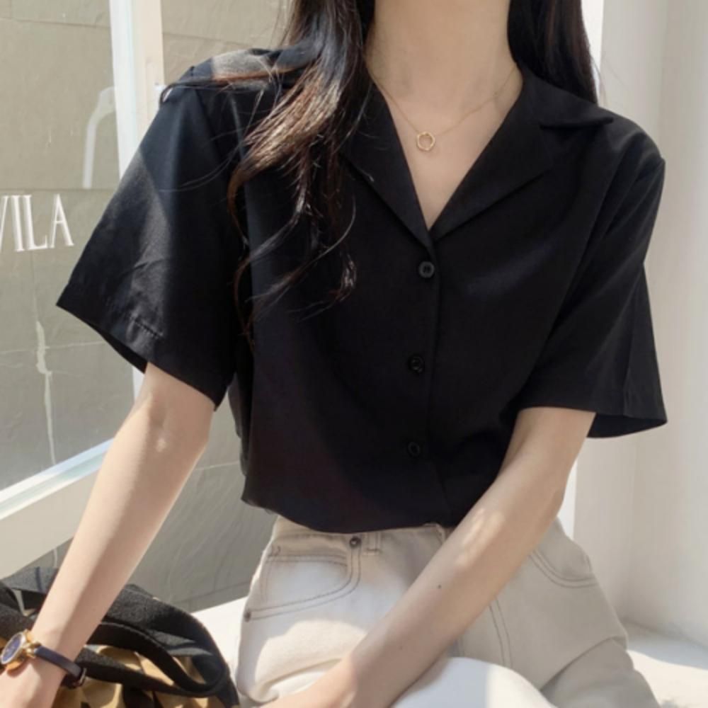 여성 데일리 캐주얼 심플 카라 반팔 블라우스 셔츠