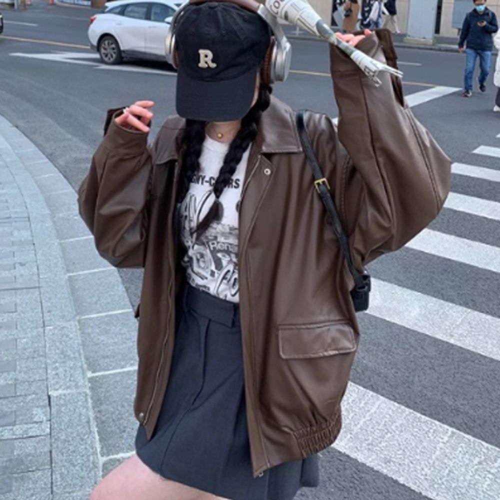 여성 오버핏 레더 집업 가죽 자켓 1P 카라 간절기