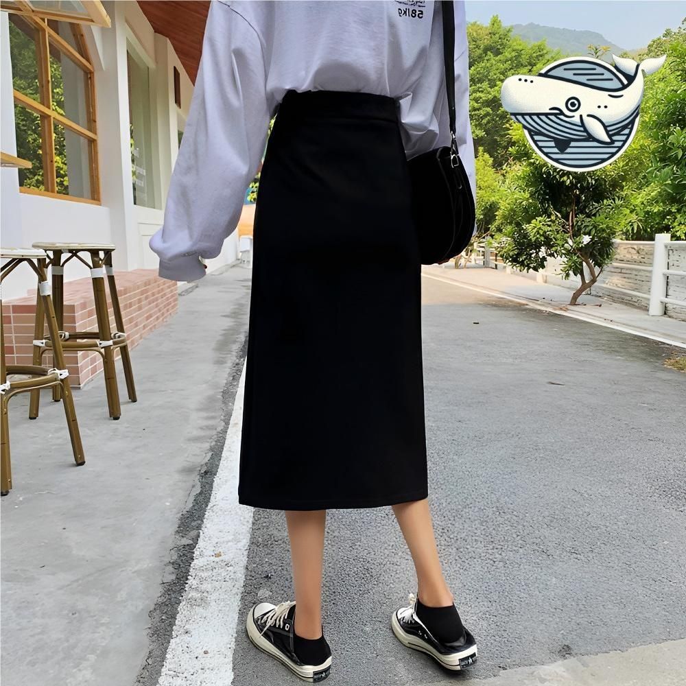 멋스러운 미니멀 블랙 미디 스커트 편안한 여성