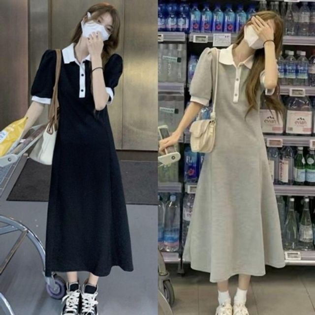 여성 카라 단추 기본 배색 데이 츄리닝 롱 원피스 여