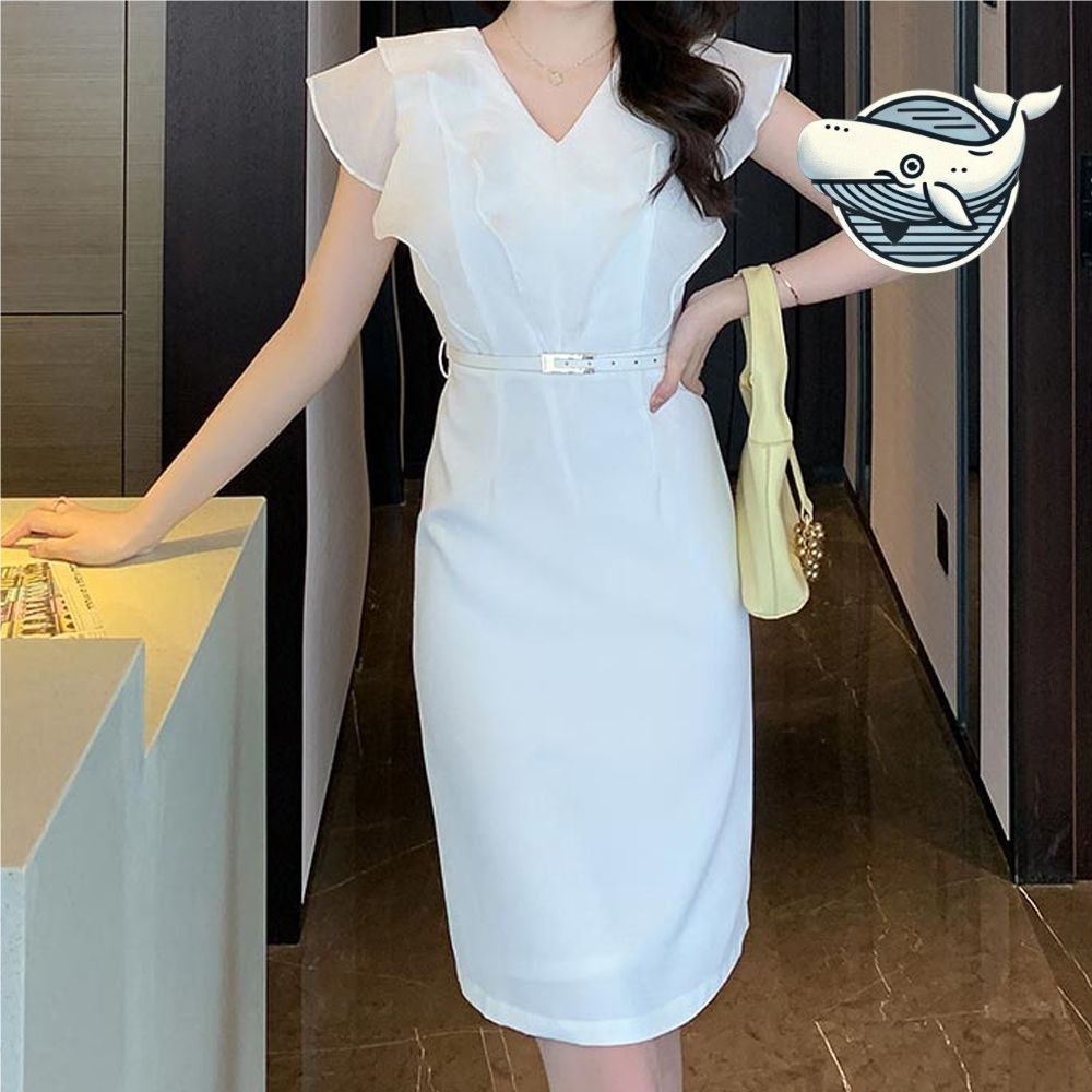 여성용 세련된 흰색 원피스 장식 데일리 정장