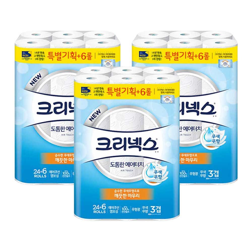 (무료배송)크리넥스 휴지 에어 터치 3겹 30롤x3개