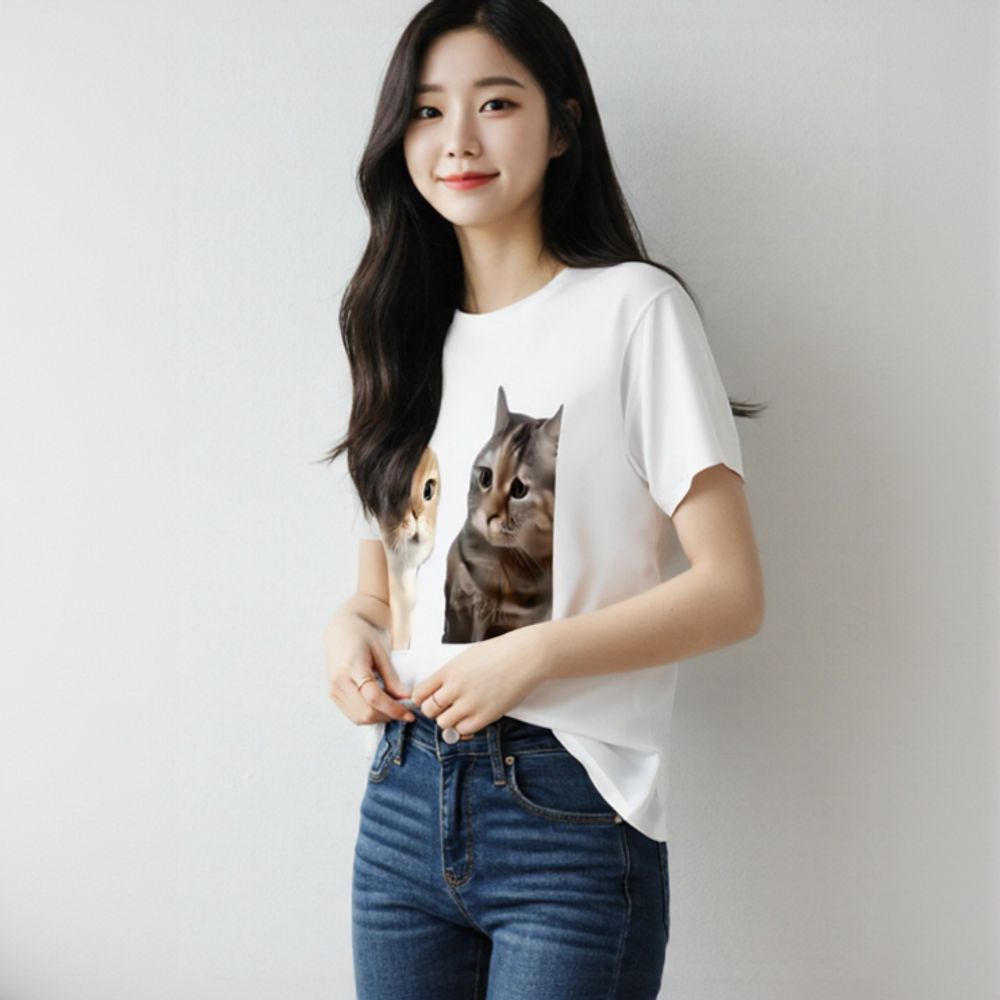 MYAMYA 고양이 밈 티셔츠 PEEKABOO 커플티 반팔 잠옷