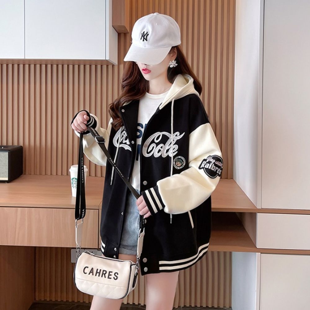 스트리트룩 레터링 패치 오버핏 야구점퍼 후드 자켓