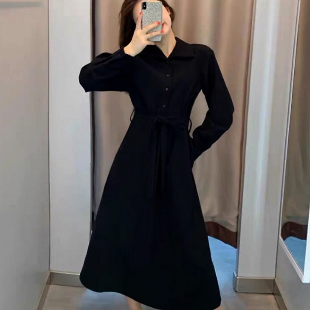 플레어 라운드넥원피 원피스 긴팔 여성 무지 끈