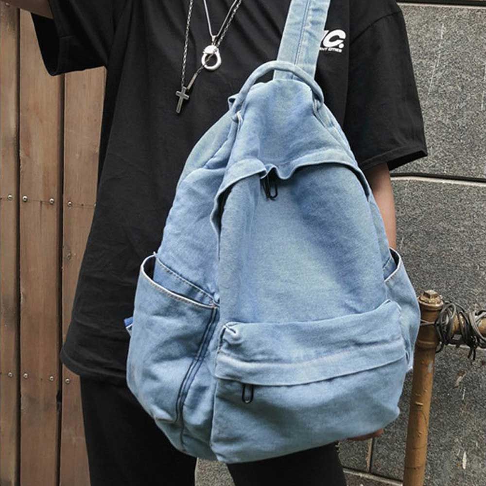 남녀 공용 캐주얼 주말 나들이 데님 청 백팩 코디