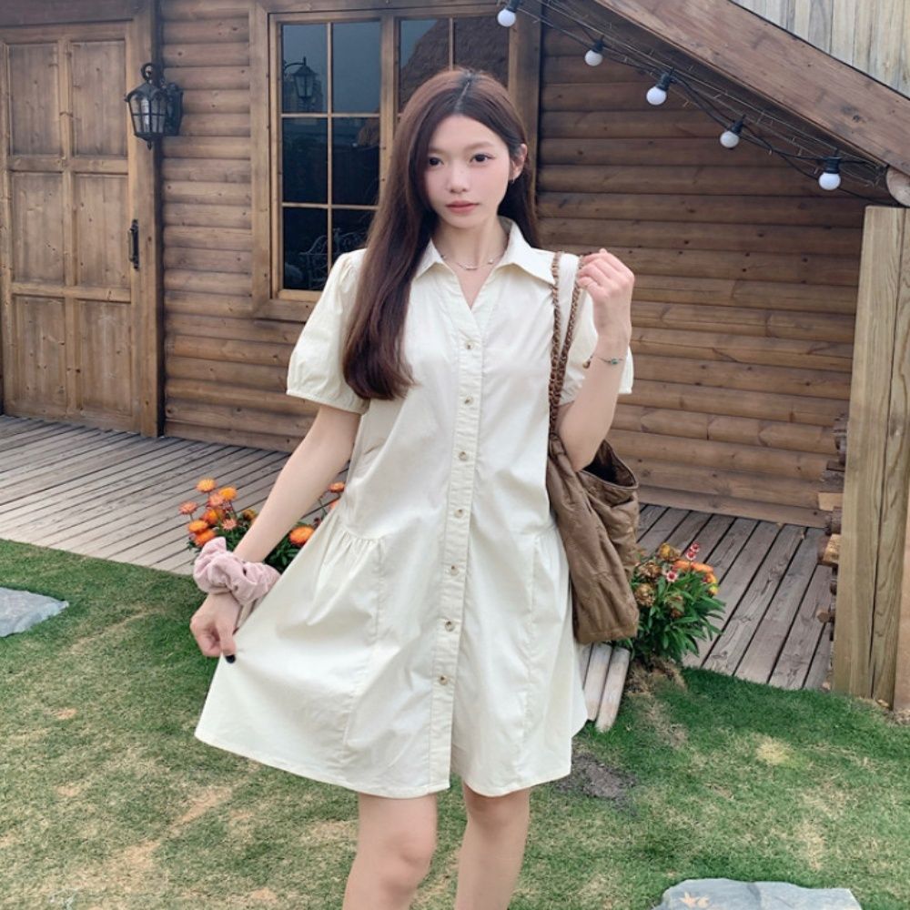 여자 여름 반팔 원피스 셔츠 셔링 루즈핏 카라 3컬러