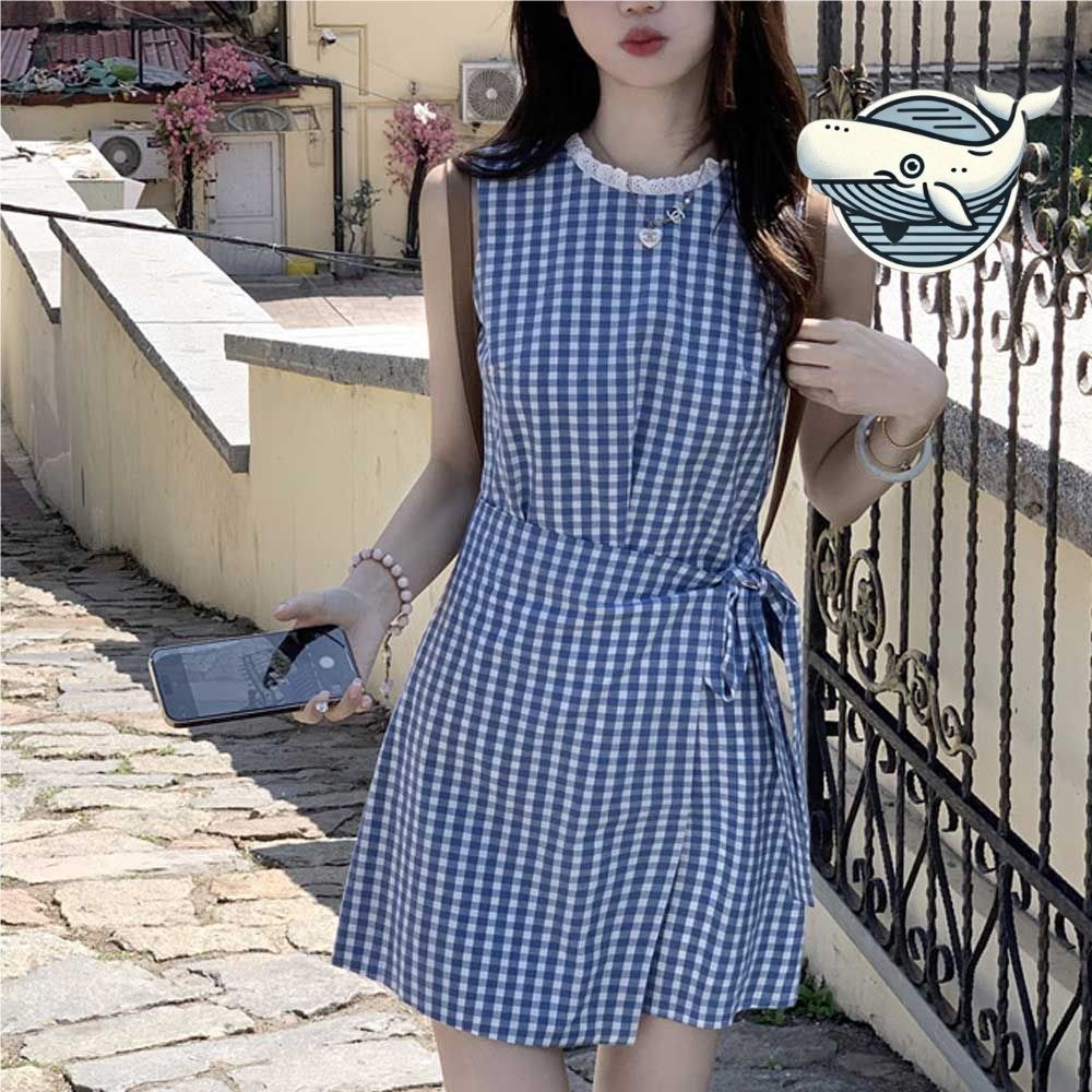 블루 체크 리본 포인트 여름 원피스 레이스넥