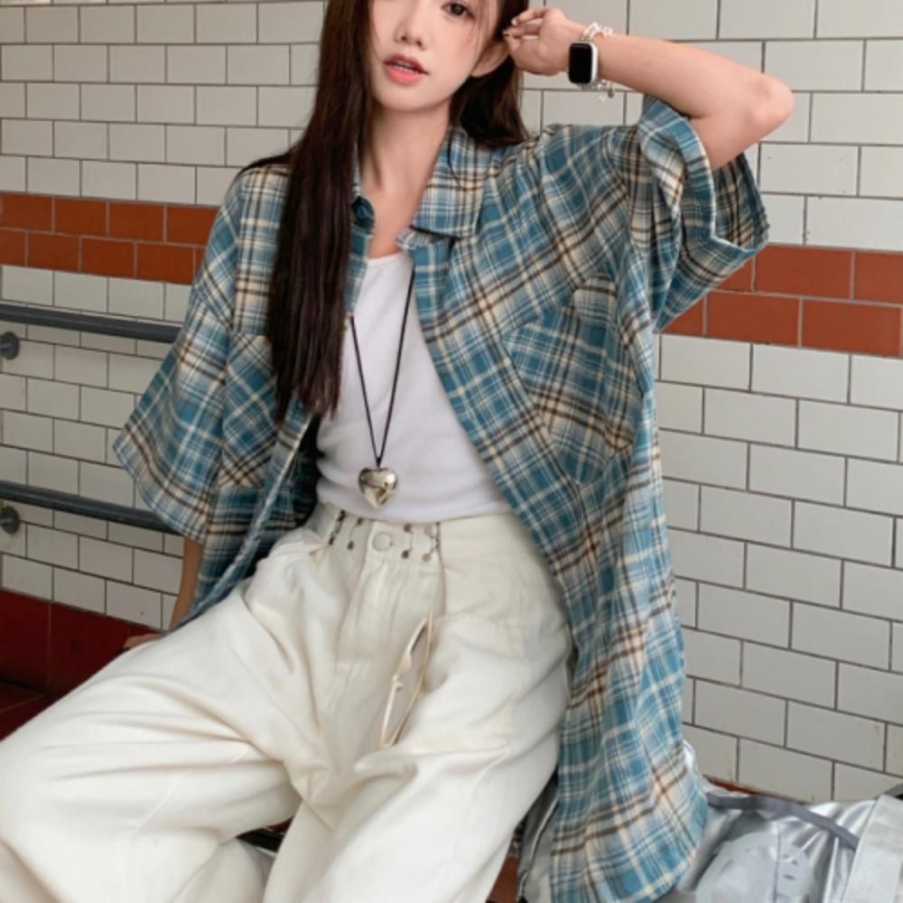 여성 여름 간절기 데일리 오버핏 체크 카라 반팔 셔츠