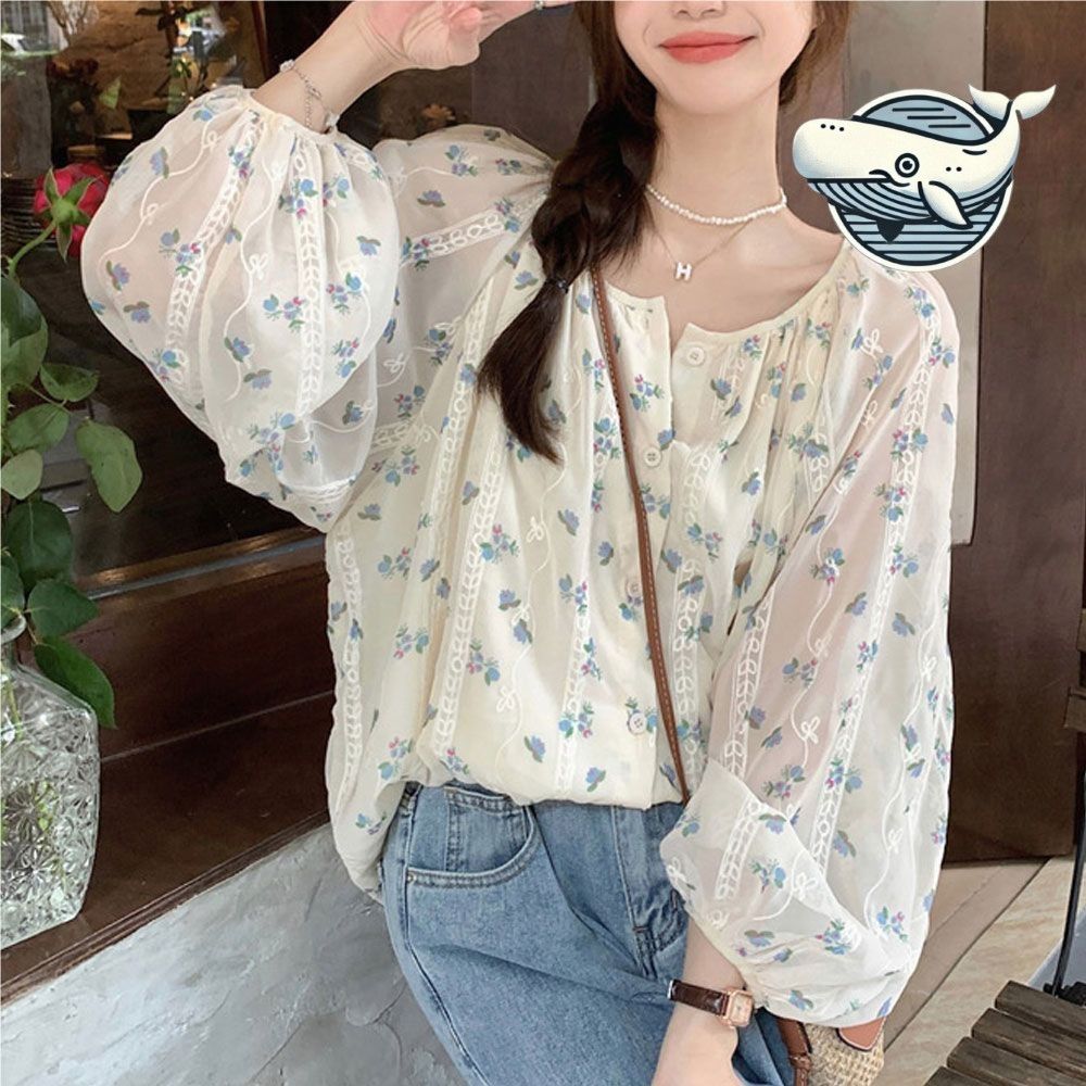 여성용 프릴 블라우스 여유핏 플라워 패턴