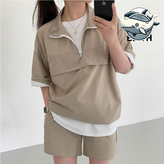여성용 여름 캐주얼 반팔 하이넥 반집업 의류