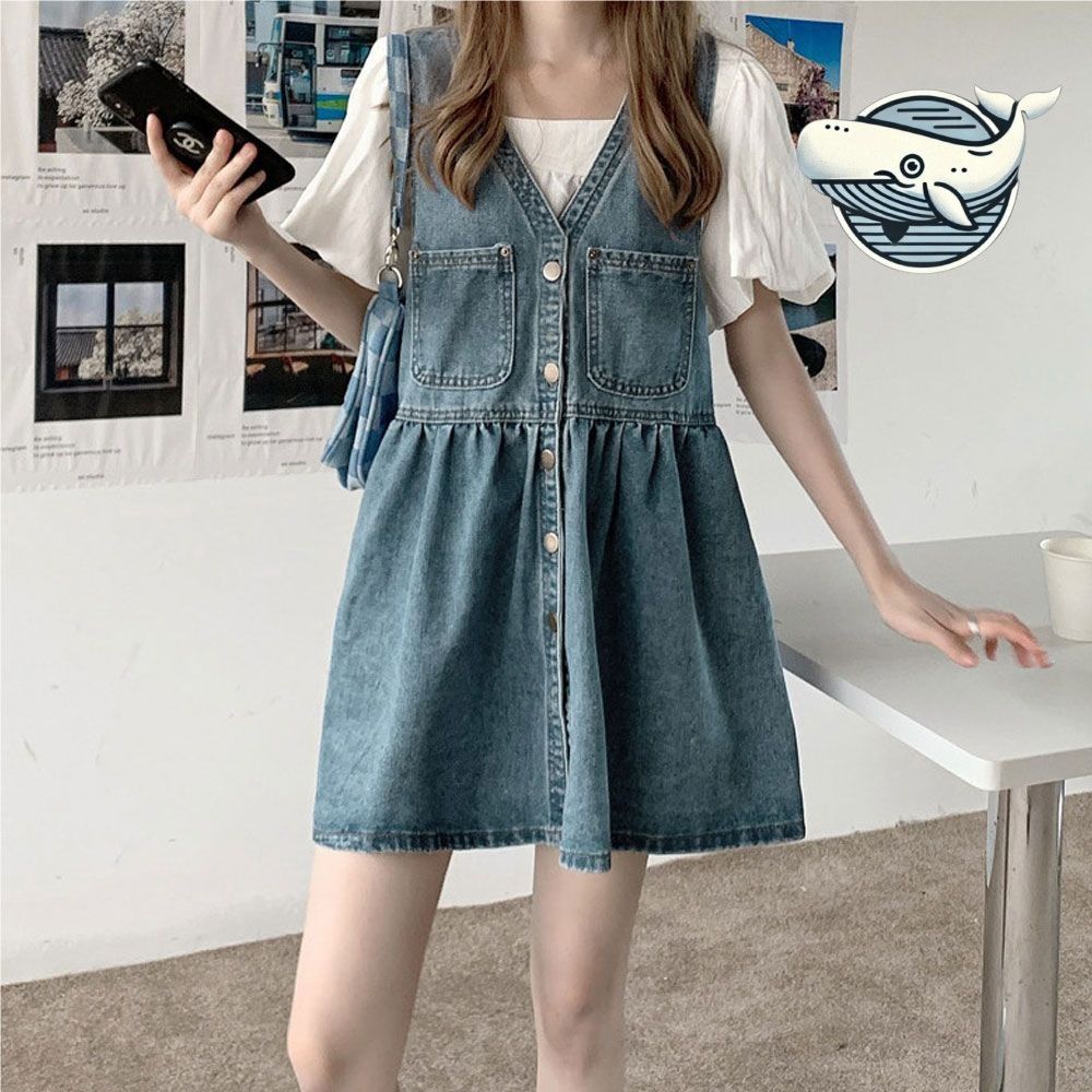 빈티지 스타일 데님 원피스 레이어드룩 단추