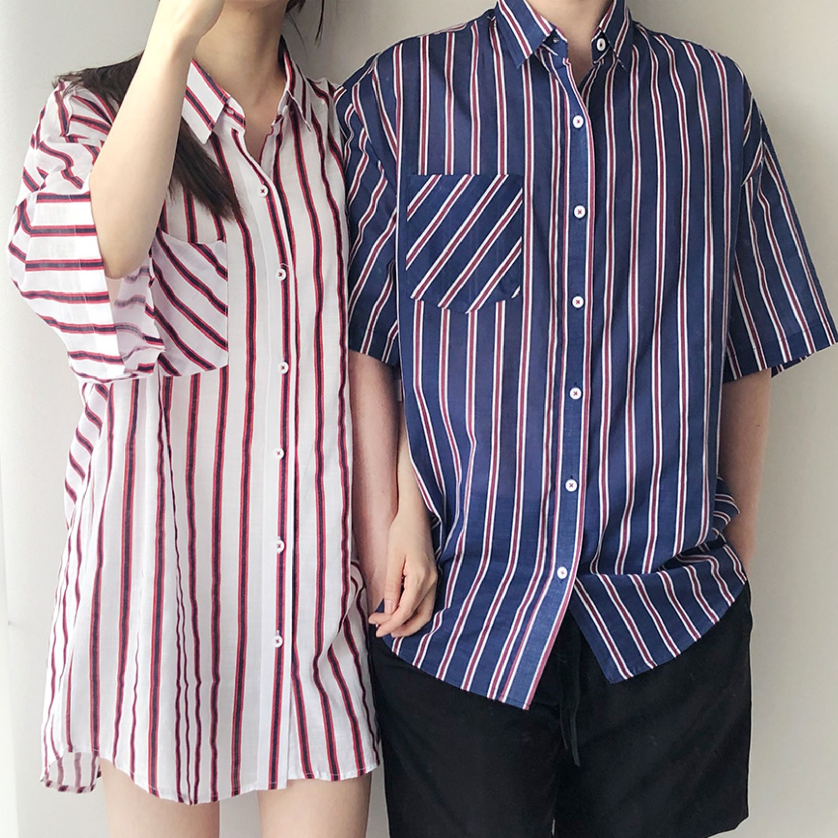 커플 줄무늬 여유핏 리넨 반팔 셔츠