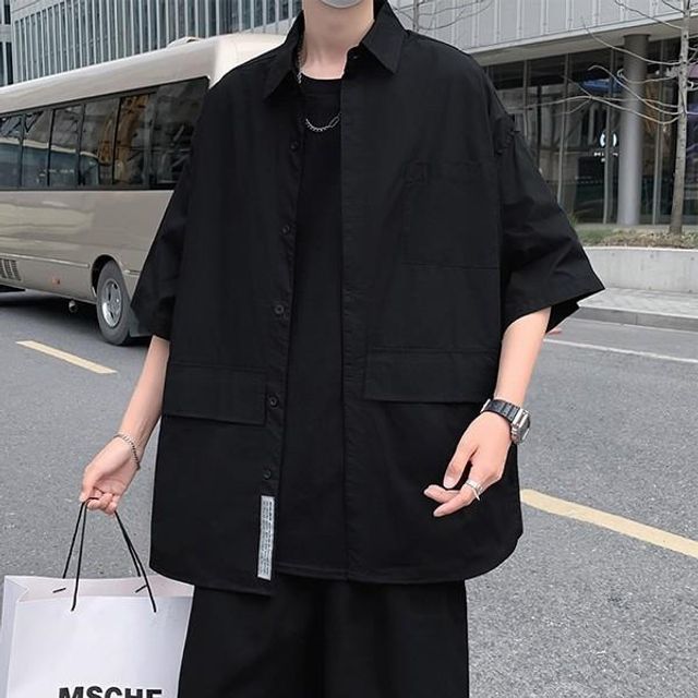 베이직 셔츠 블라우스 오버핏 반팔 남성 남방 포켓