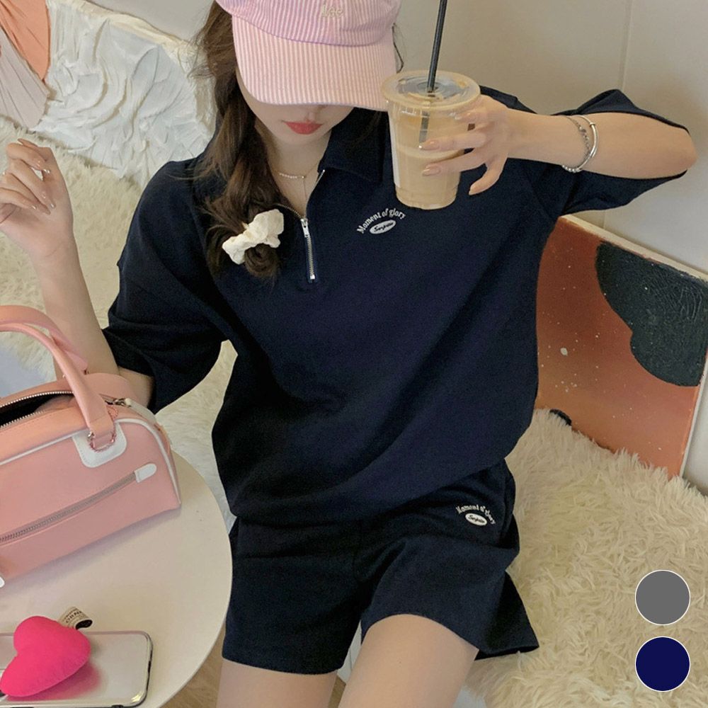 여성 영문레터링 카라 반집업 반팔반바지 상하의 세트